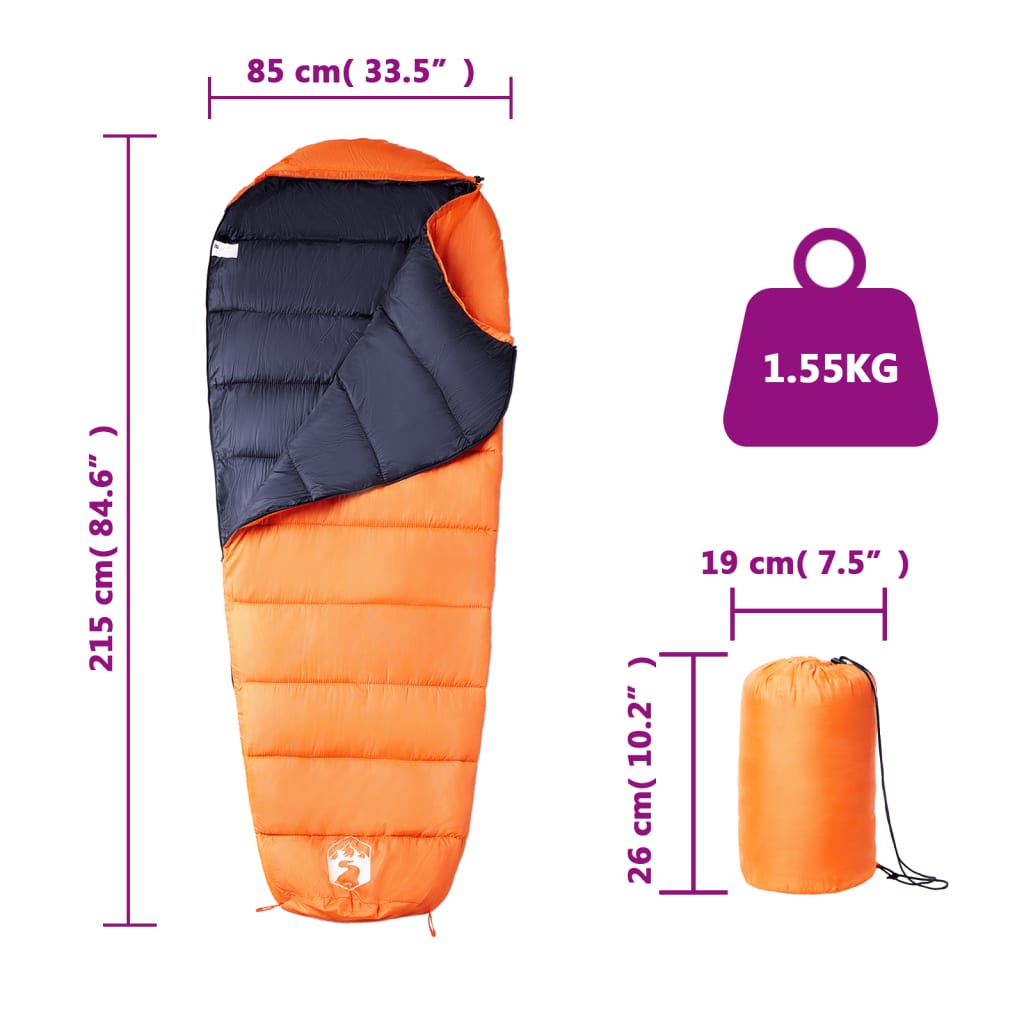 Detail van de vidaXL mummie slaapzak in oranje en blauw, met afmetingen en gewicht.