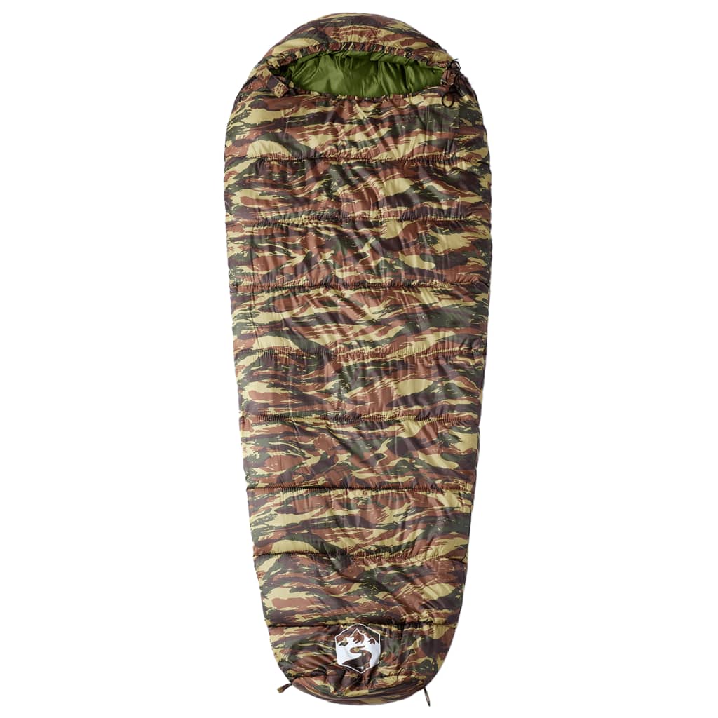 Detail van de camouflage slaapzak mummie vidaXL met rits en trekkoord.