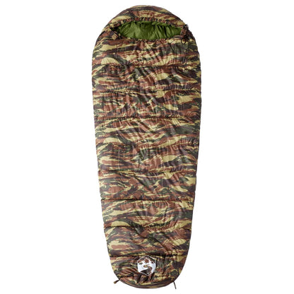 Detail van de camouflage slaapzak mummie vidaXL met rits en trekkoord.
