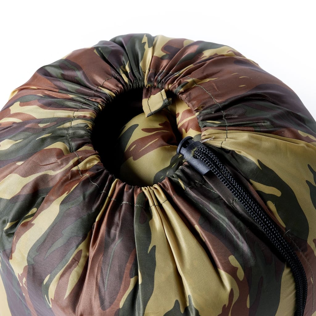 Detail van de opbergtas van de vidaXL mummie slaapzak in camouflagekleur met rits.