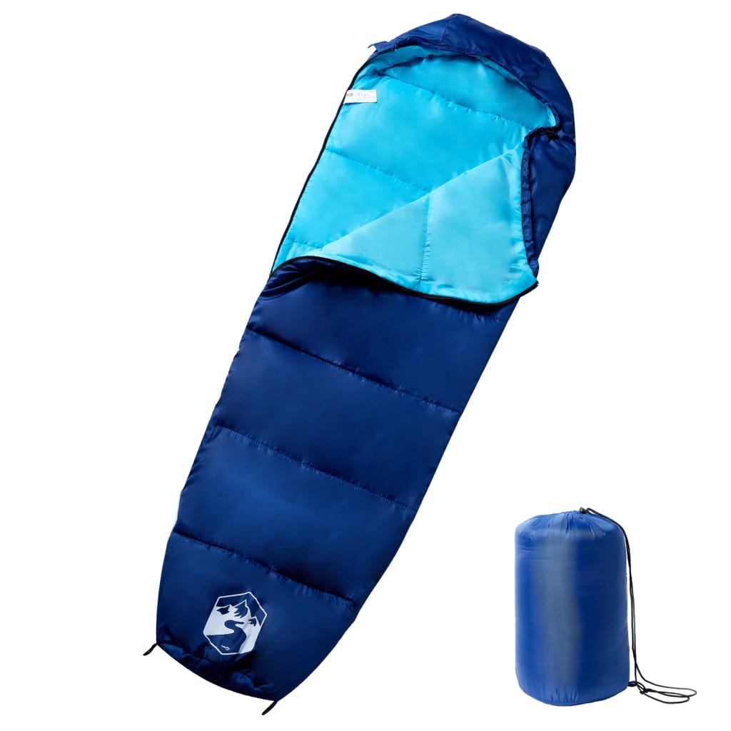 Blauwe vidaXL mummie slaapzak voor volwassenen met waterbestendig ontwerp en opbergzak.