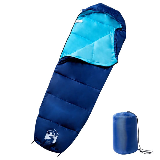 Blauwe vidaXL mummie slaapzak voor volwassenen met waterbestendig ontwerp en opbergzak.