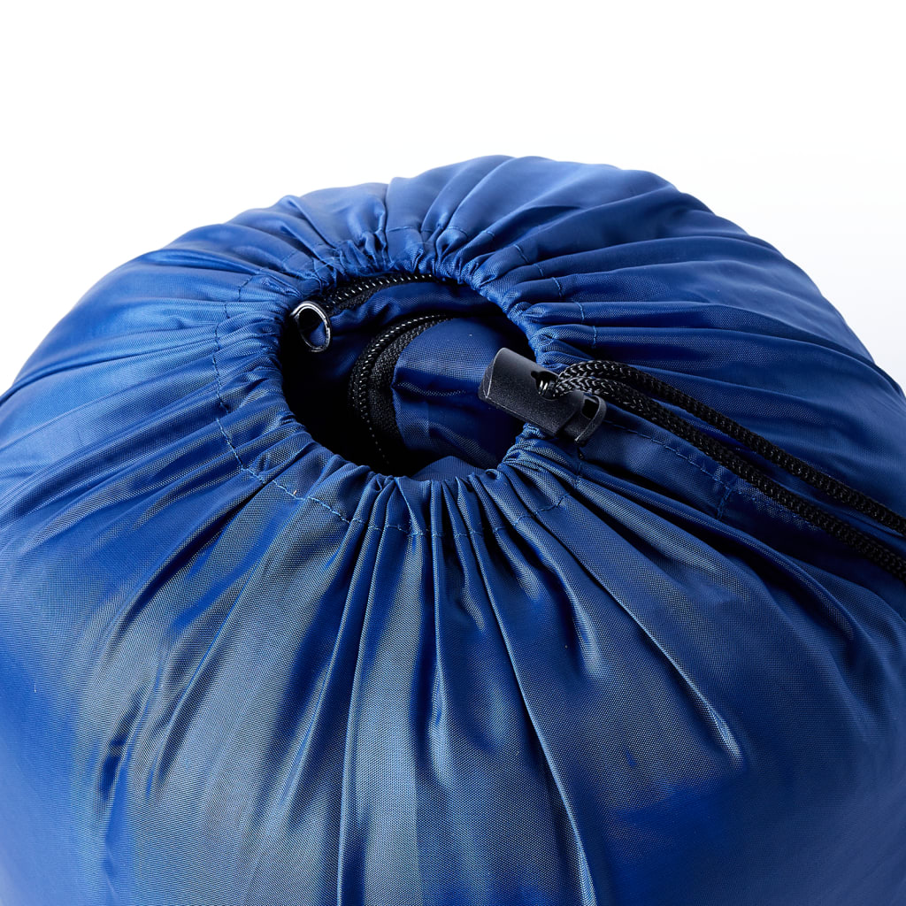 Detail van de blauwe opbergtas met rits van de vidaXL mummie slaapzak.