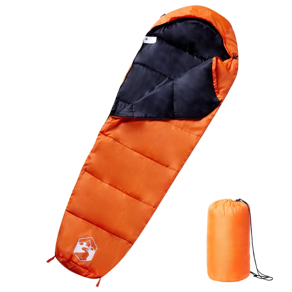 Oranje vidaXL mummie slaapzak voor volwassenen, ideaal voor drie seizoenen en compact op te bergen.