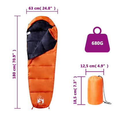 Oranje vidaXL mummie slaapzak met afmetingen en gewicht, zijaanzicht met draagtas.