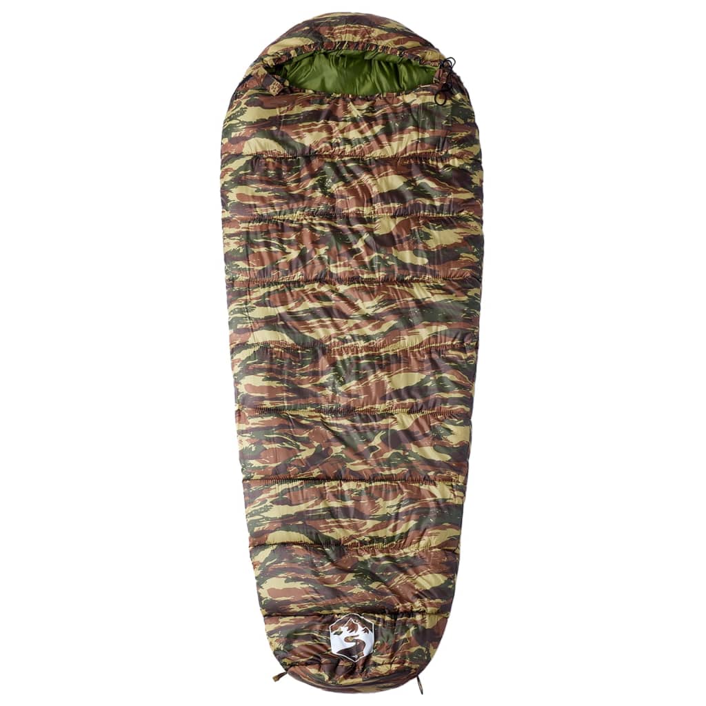Detail van de mummie slaapzak van vidaXL in camouflageprint, met een rits aan de zijkant.