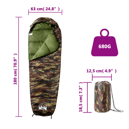Detail van de mummie slaapzak van vidaXL in camouflageprint met afmetingen en gewicht.