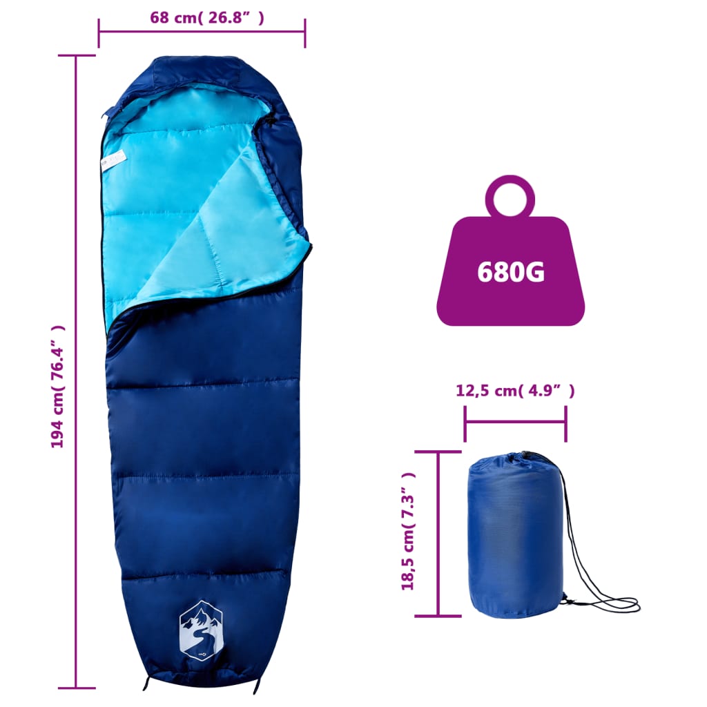 Detail van de vidaXL mummie slaapzak in blauw met afmetingen en gewicht.
