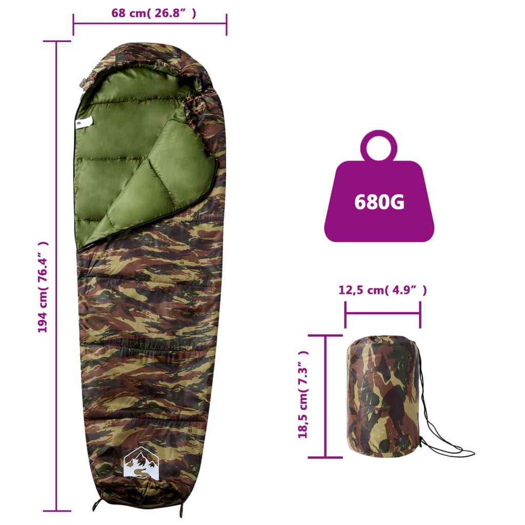 Detailweergave van de vidaXL mummie slaapzak met camouflagepatroon en afmetingen.