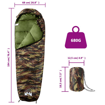 Detailweergave van de vidaXL mummie slaapzak met camouflagepatroon en afmetingen.