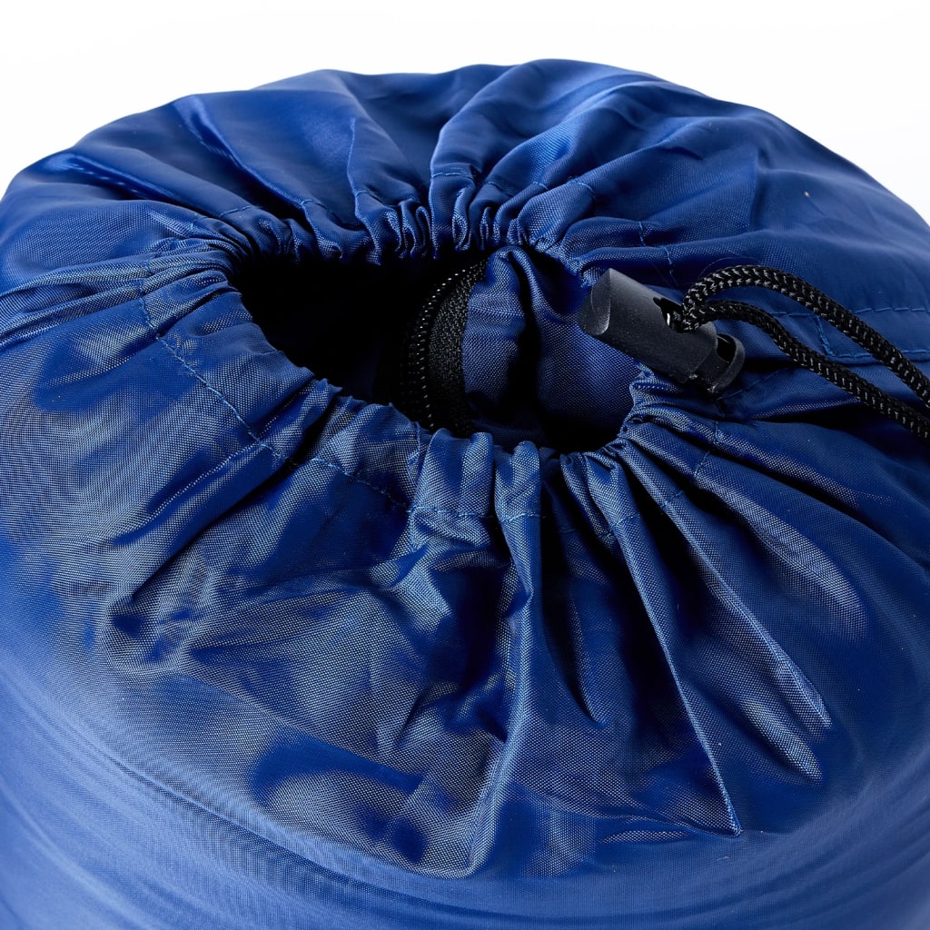 Detail van de blauwe mummie slaapzak van vidaXL met trekkoordsluiting.