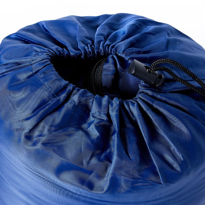 Detail van de blauwe mummie slaapzak van vidaXL met trekkoordsluiting.
