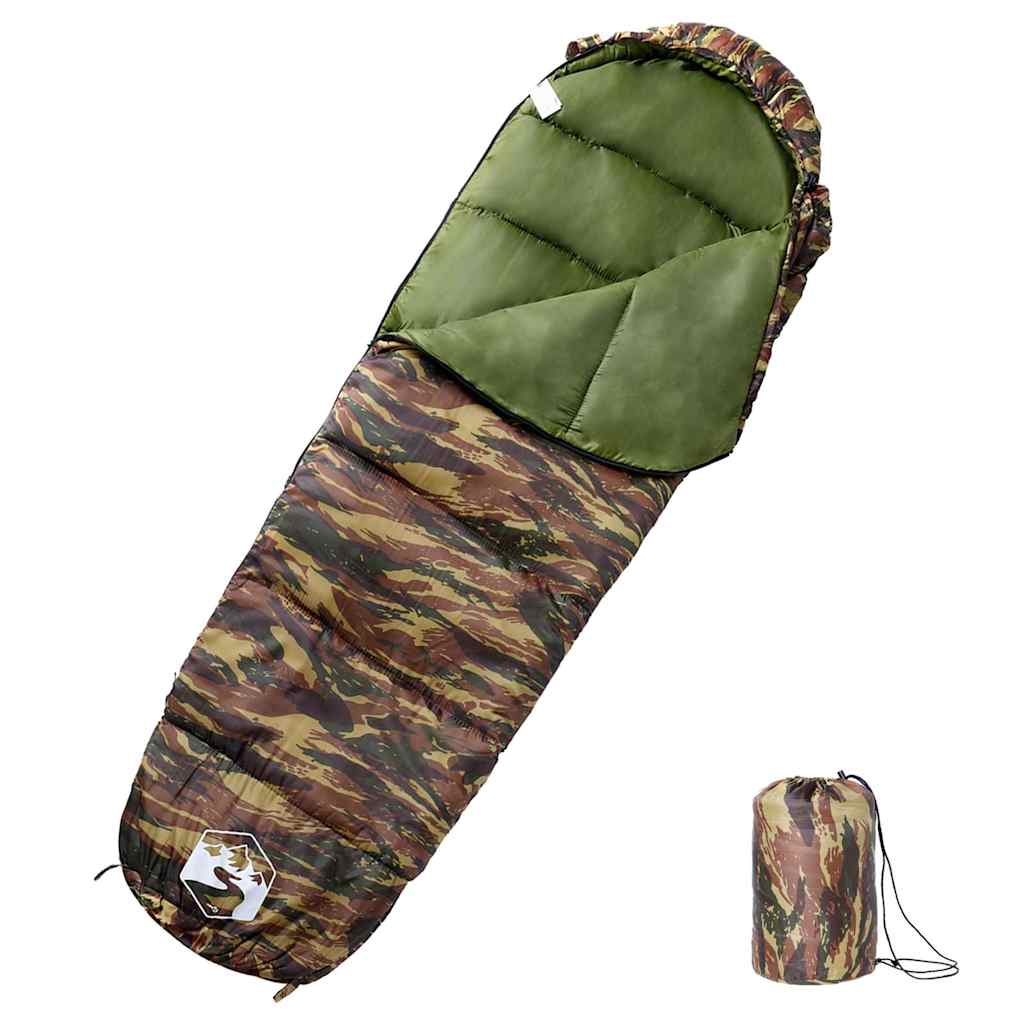 Mummie slaapzak van vidaXL in camouflagekleur, met groene binnenkant en opbergtas.