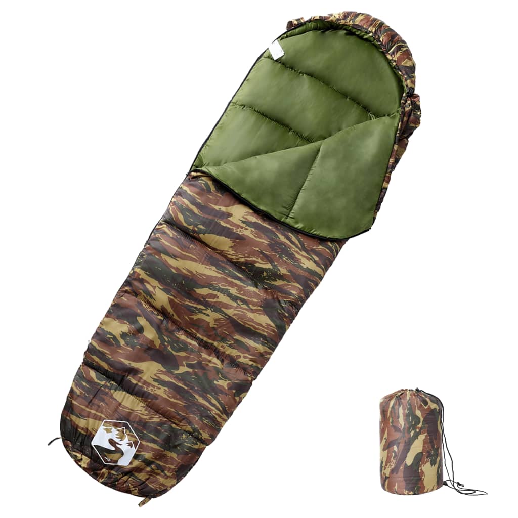 Mummie slaapzak van vidaXL in camouflagekleur, met groene voering en opgerold voor transport.