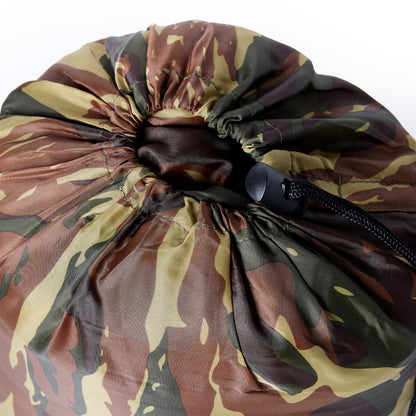 Detail van de camouflagedoek met trekkoord van de vidaXL mummie slaapzak voor volwassenen.