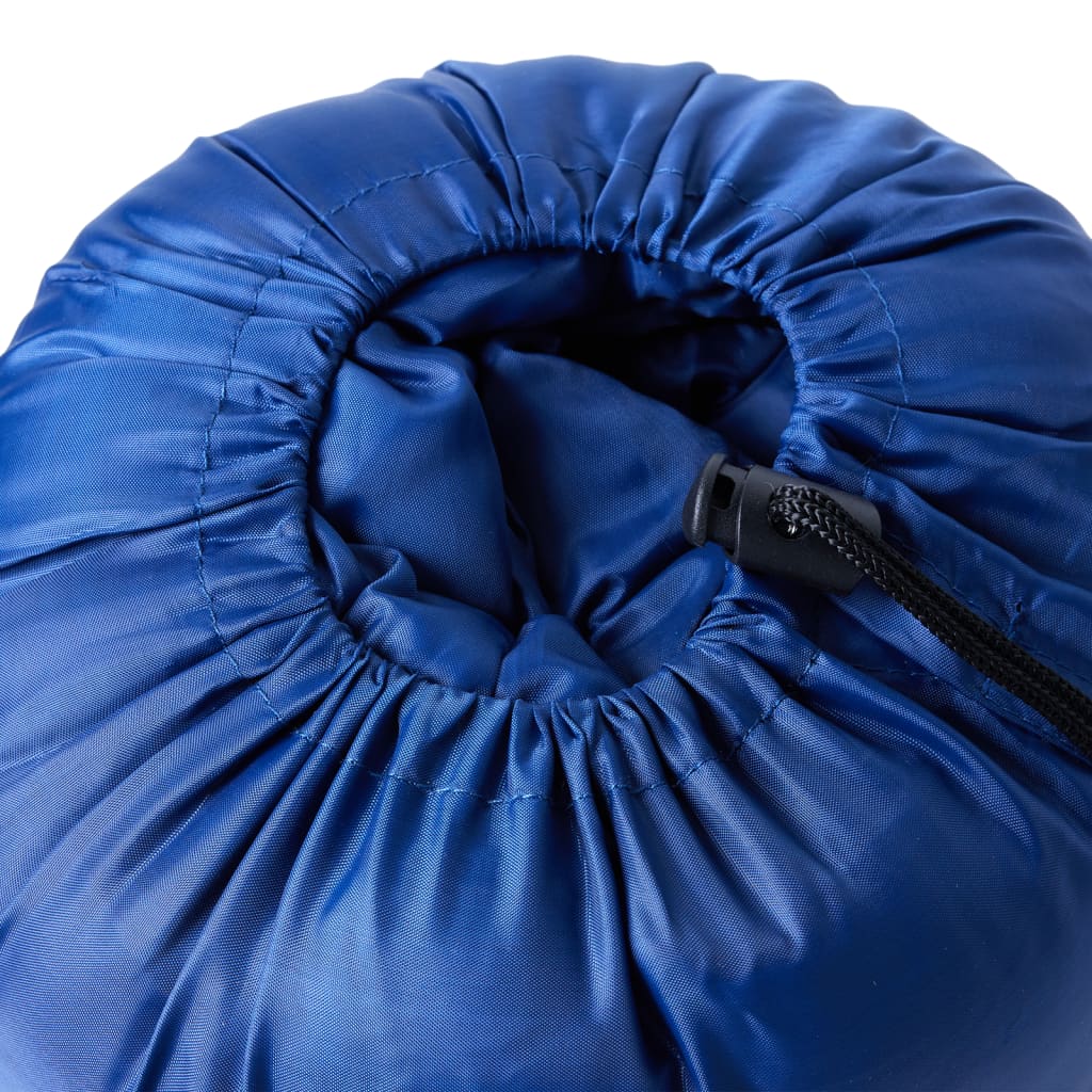 Detail van de blauwe mummie slaapzak van vidaXL, met trekkoord voor compact opbergen.