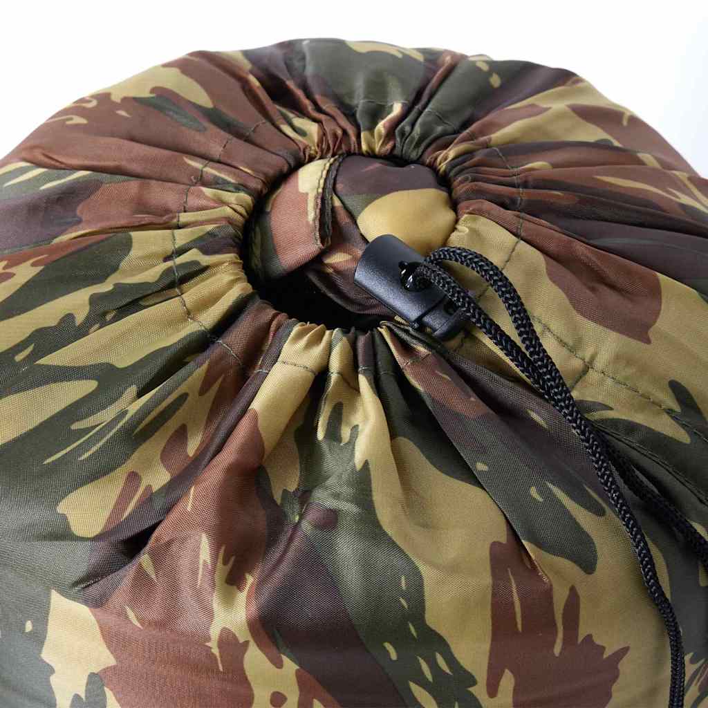 Detail van de camouflage bovenkant van de vidaXL mummie slaapzak met trekkoord.