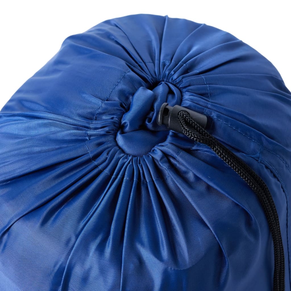 Detail van de blauwe vidaXL mummie slaapzak met trekkoordsluiting.