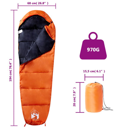 Detail van de vidaXL mummie slaapzak in oranje, met afmetingen en gewicht.