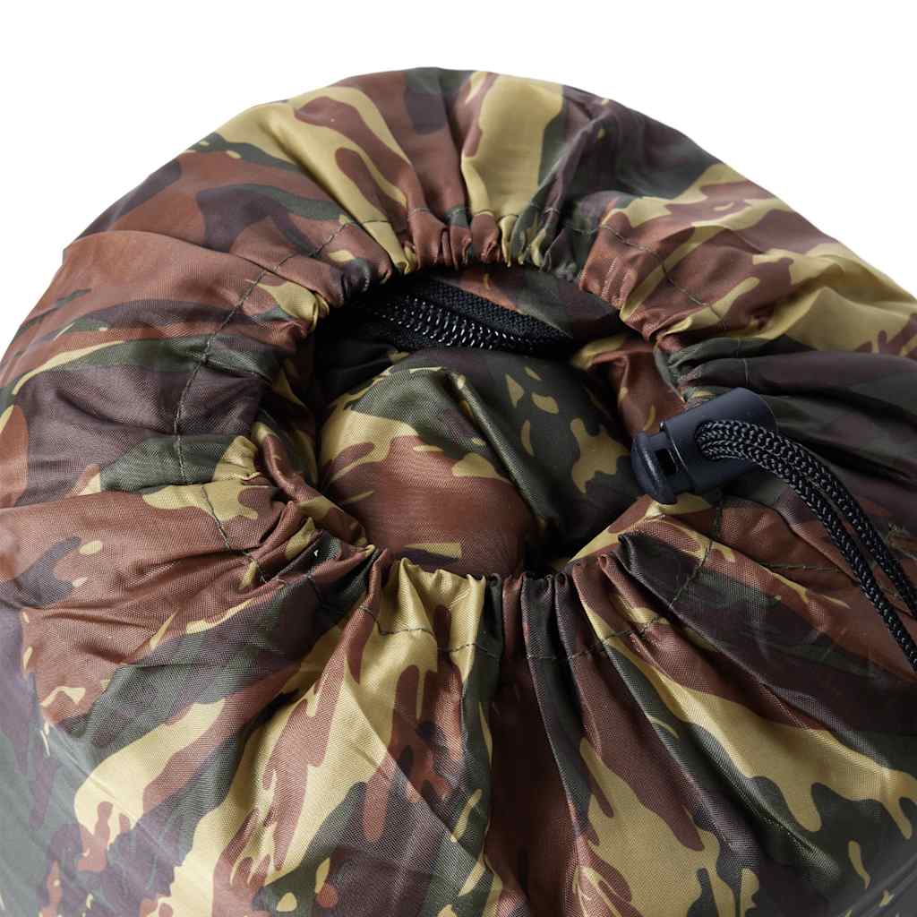 Detail van de camouflage slaapzak mummie vidaXL met trekkoordsluiting.