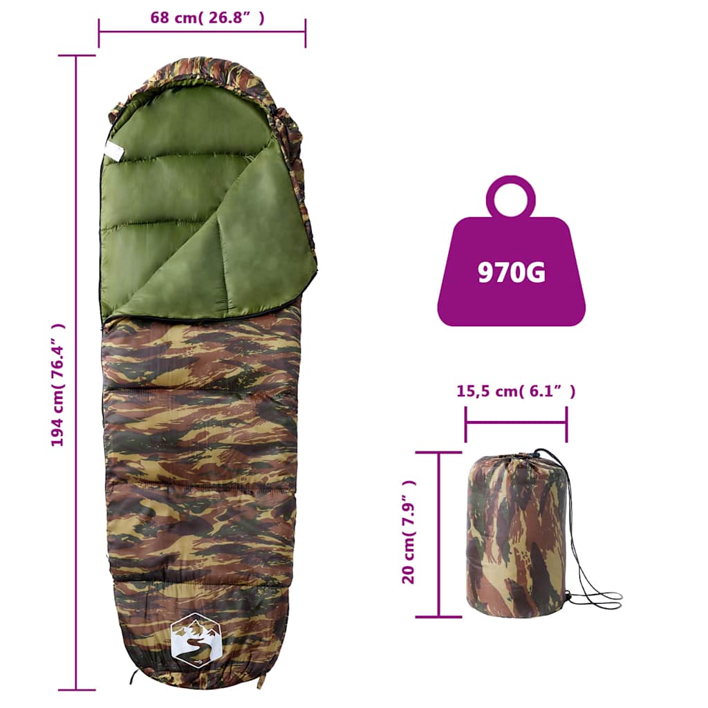 Detail van de vidaXL mummie slaapzak in camouflageprint, met afmetingen en gewicht.