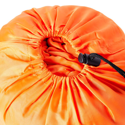 Detail van de oranje opbergtas van de vidaXL mummie slaapzak met trekkoord.