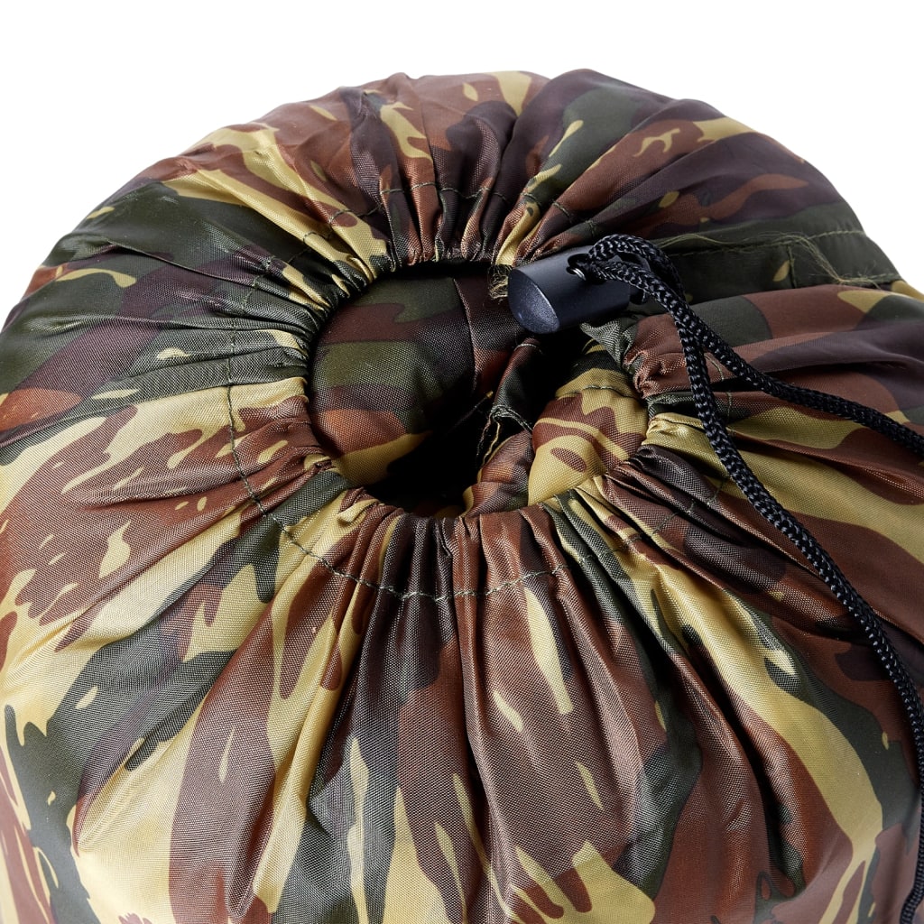 Detail van de mummie slaapzak van vidaXL met camouflagepatroon en trekkoordsluiting.