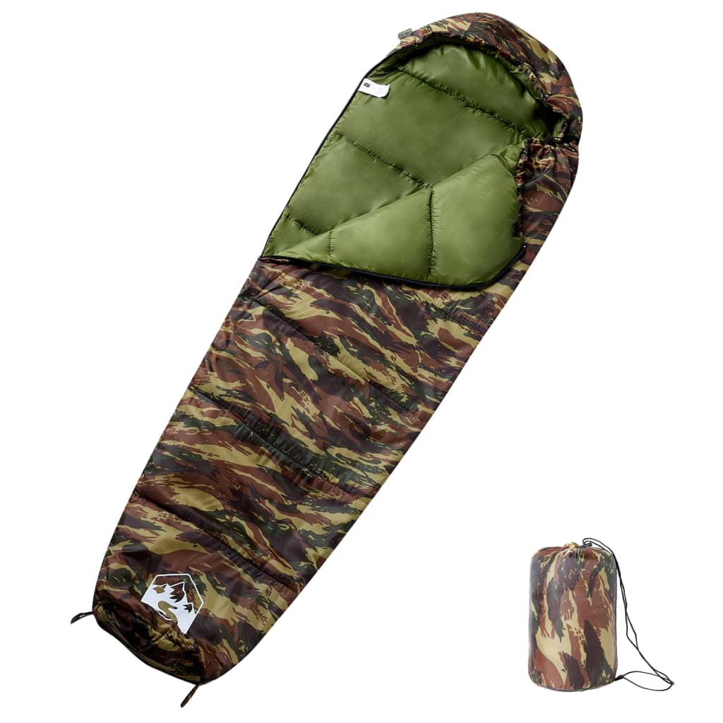 Mummie slaapzak van vidaXL in camouflageprint, ideaal voor 3 seizoenen kamperen.