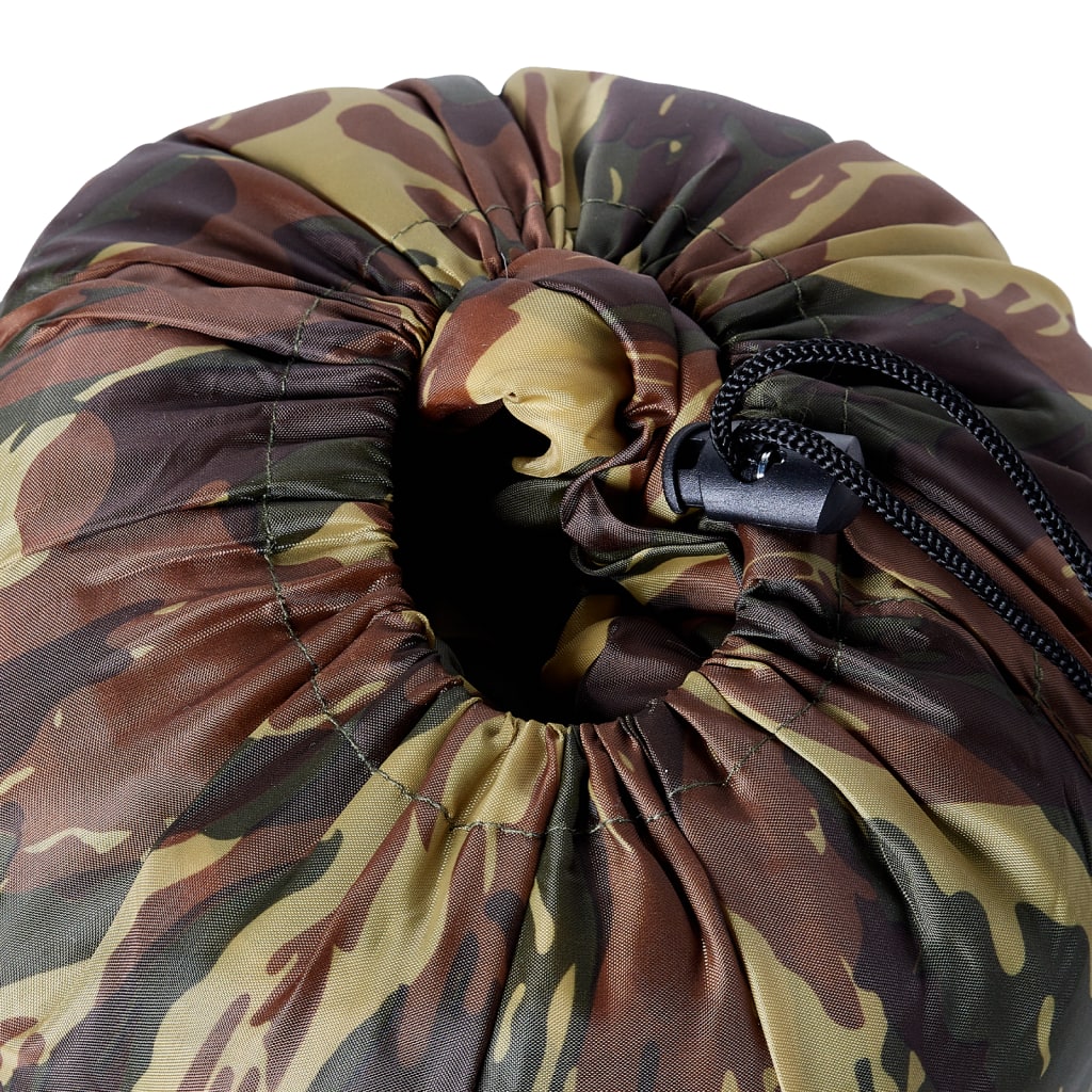 Detail van de camouflagedoek met trekkoord van de vidaXL mummie slaapzak.