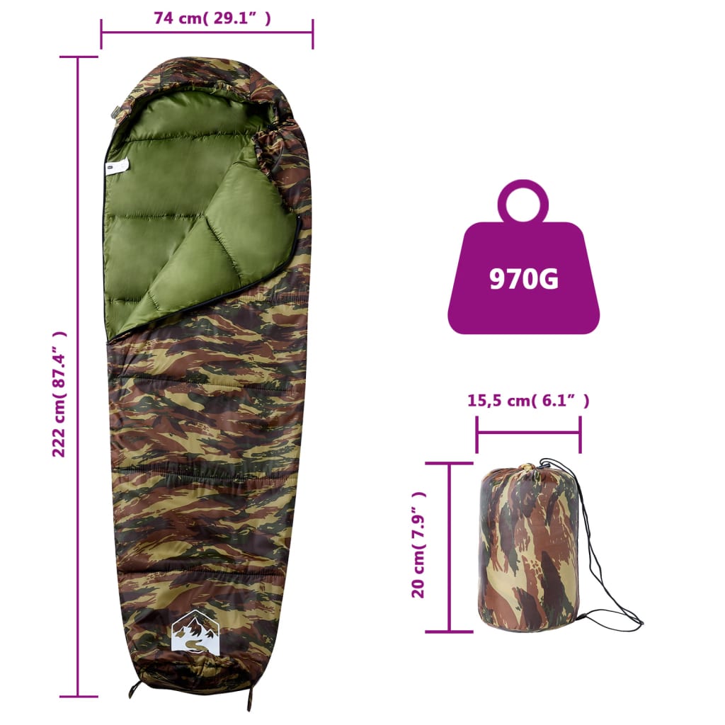 Mummie slaapzak van vidaXL in camouflageprint, zijaanzicht met afmetingen en gewicht.