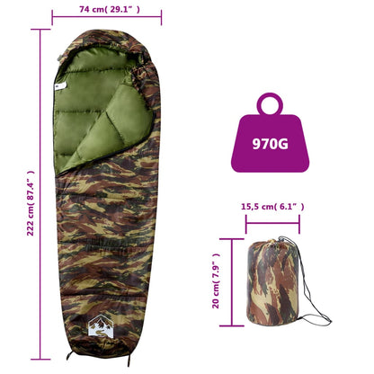 Mummie slaapzak van vidaXL in camouflageprint, zijaanzicht met afmetingen en gewicht.