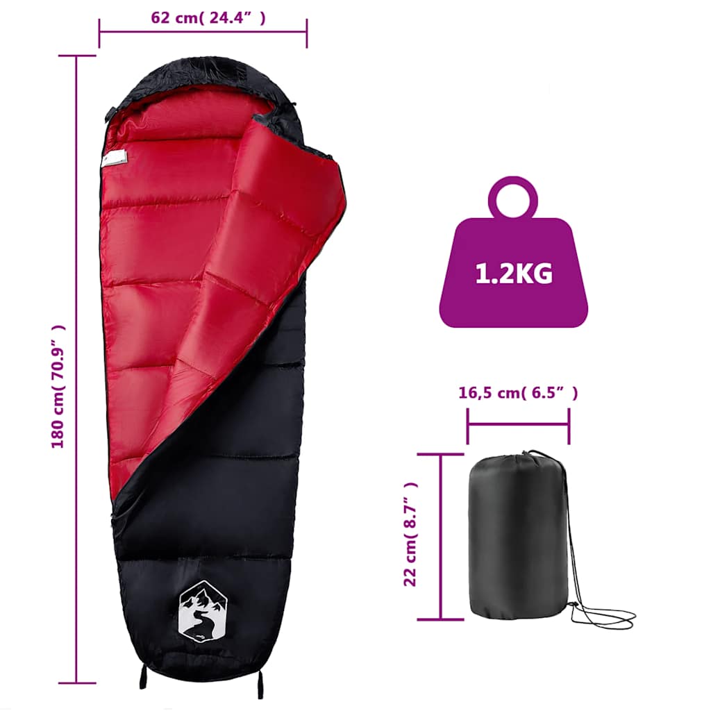 Zijaanzicht van de vidaXL mummie slaapzak in rood en zwart, met afmetingen en gewicht.