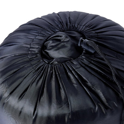 Detail van de ingepakte vidaXL mummie slaapzak met trekkoord in zwart.