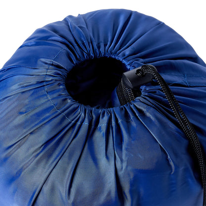 Detail van de blauwe vidaXL mummie slaapzak met trekkoordopening voor compact opbergen.