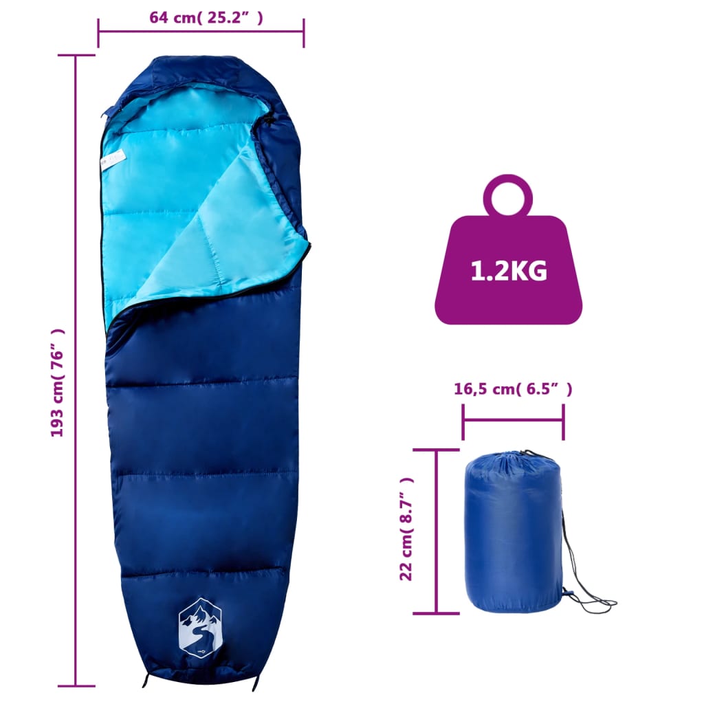 Detail van de vidaXL mummie slaapzak met blauwe en turquoise kleuren, inclusief afmetingen en gewicht.