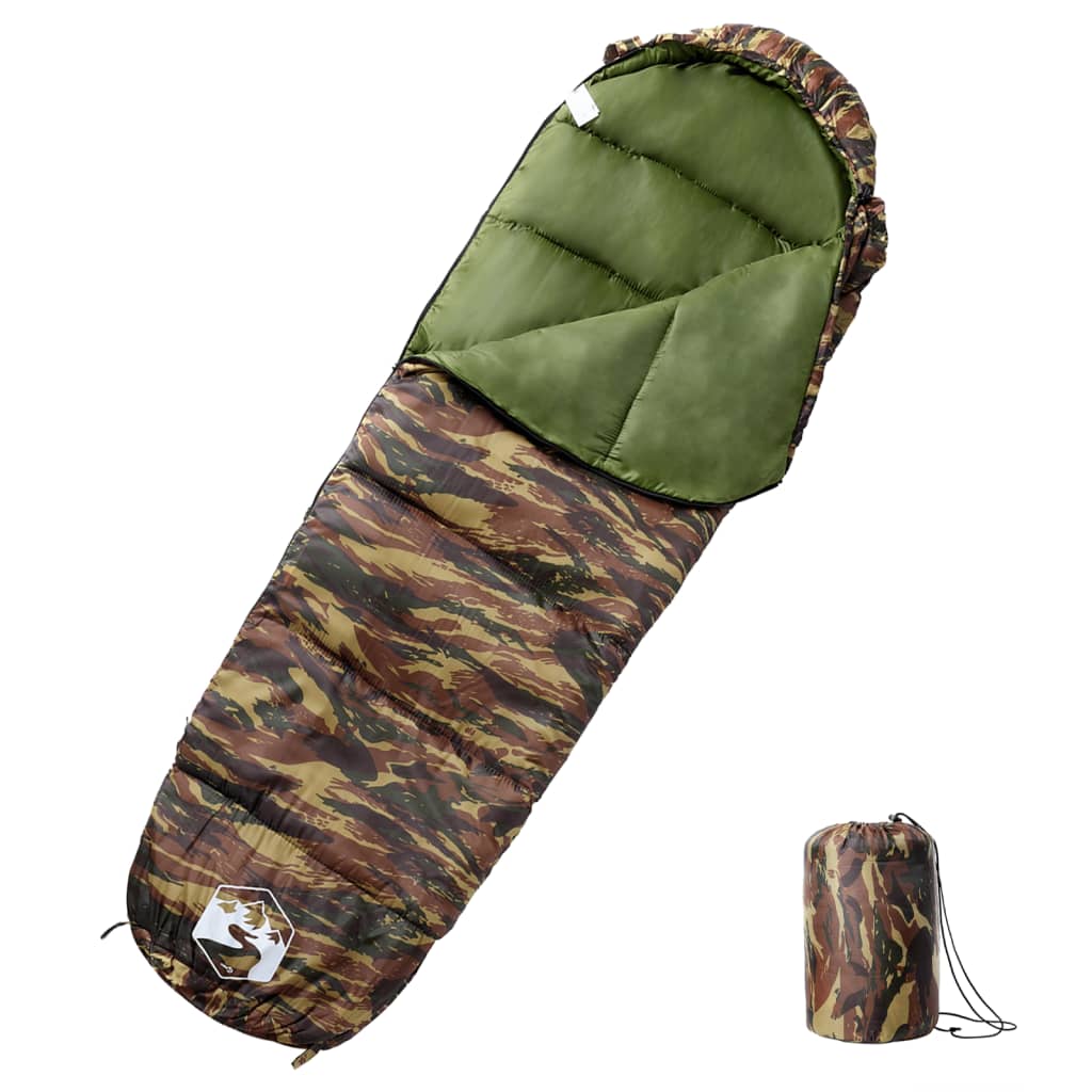 Mummie slaapzak van vidaXL in camouflagekleur, waterbestendig en geschikt voor drie seizoenen.