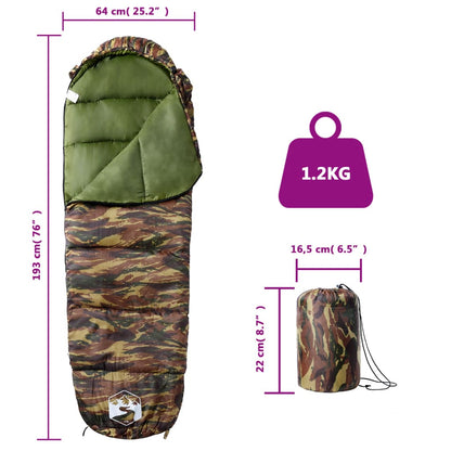 Detail van de vidaXL mummie slaapzak in camouflagekleur met afmetingen en gewicht.
