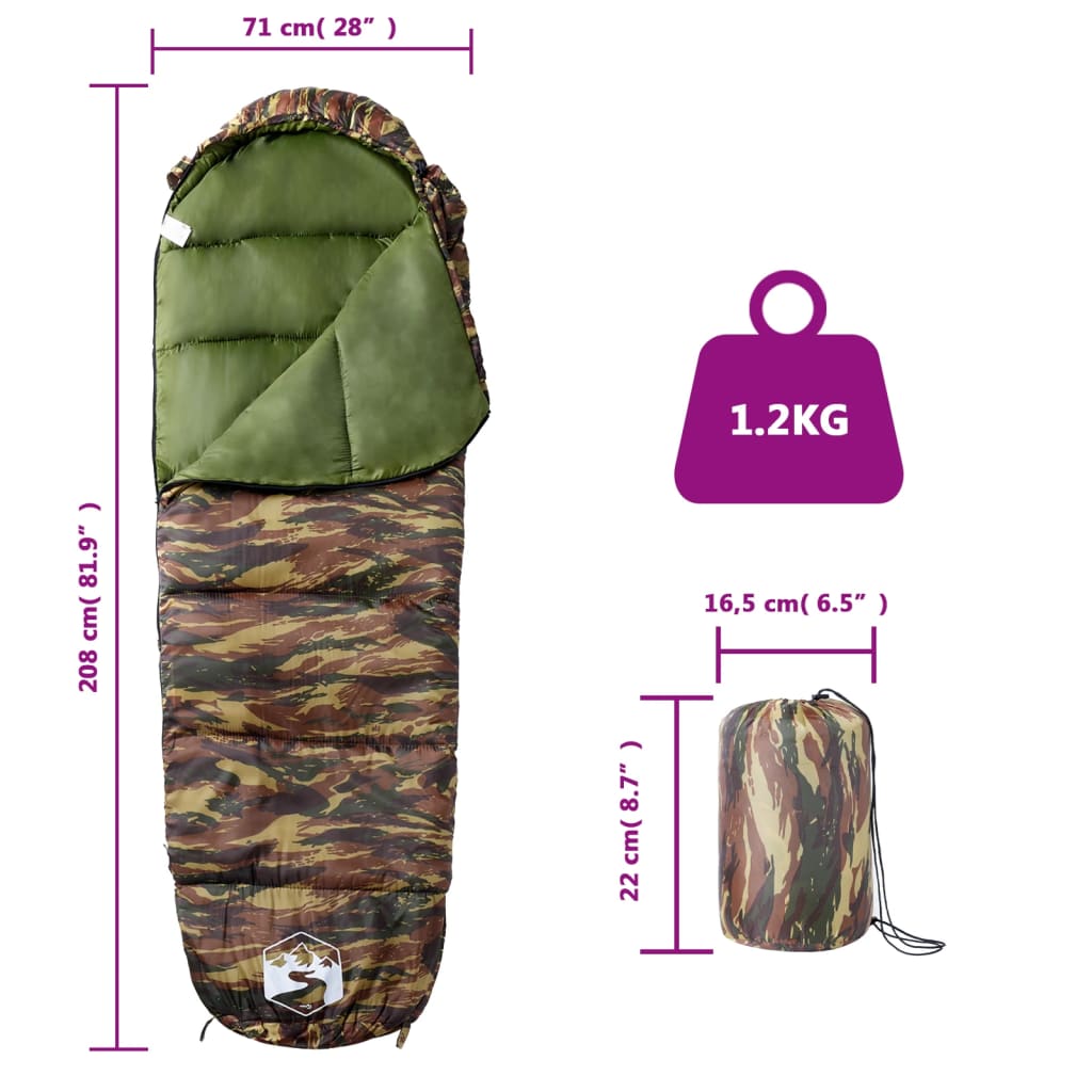 Detail van de vidaXL mummie slaapzak in camouflagekleur met afmetingen en gewicht.