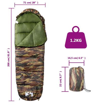 Detail van de vidaXL mummie slaapzak in camouflagekleur met afmetingen en gewicht.
