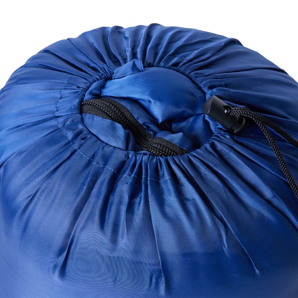 Detail van de blauwe vidaXL mummie slaapzak, met trekkoord voor compacte opslag.