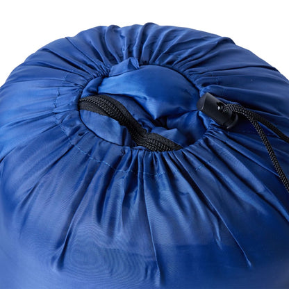 Detail van de blauwe vidaXL mummie slaapzak, met trekkoord voor compacte opslag.
