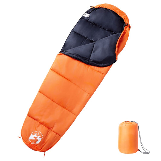 Oranje vidaXL mummie slaapzak met zwart interieur, comfortabel en waterbestendig.