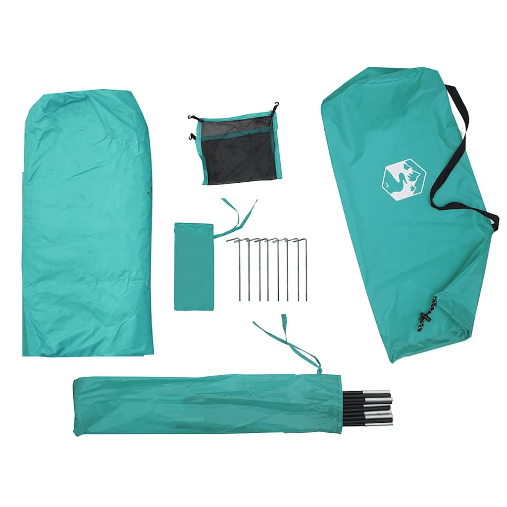 Detail van de zeegroene vidaXL strandtent met stokken, haringen en draagtas.