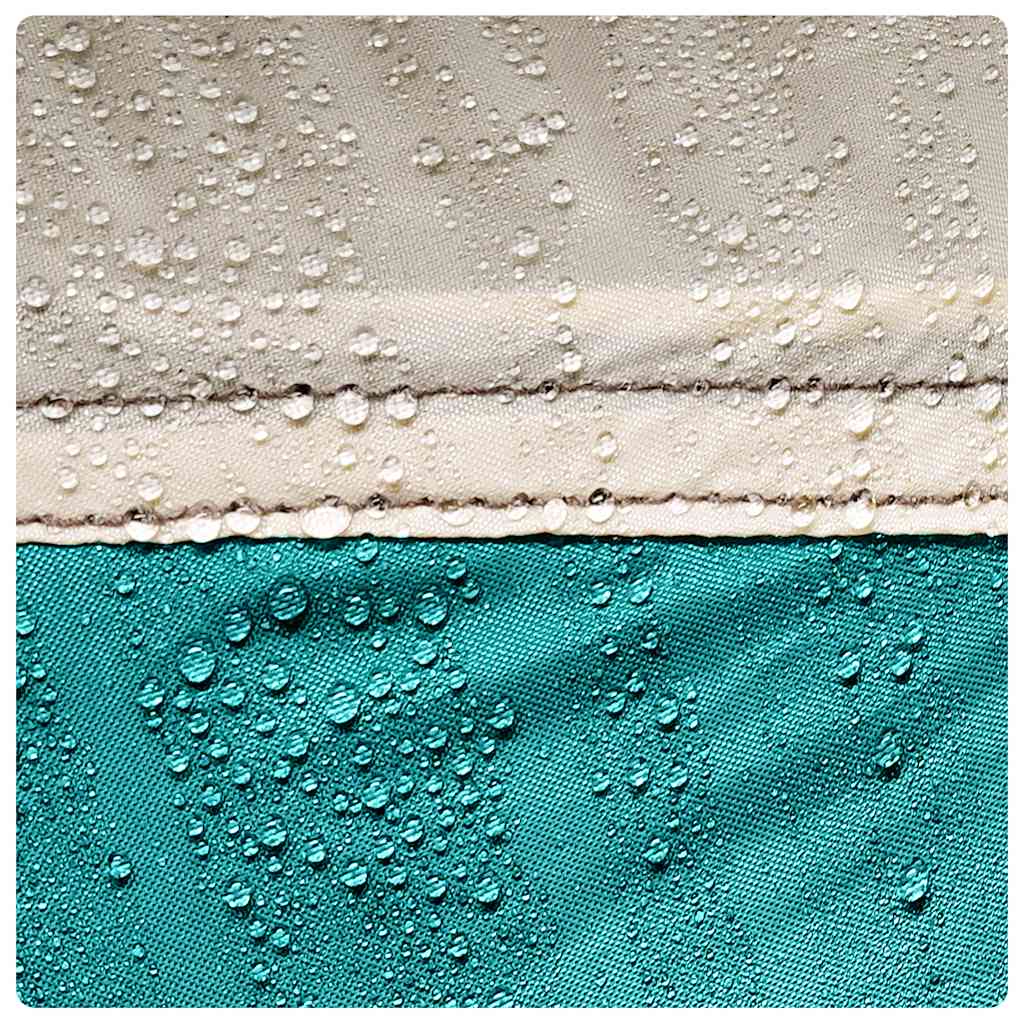 Detail van de waterdichte stof van de vidaXL strandtent in zeegroen met druppels.