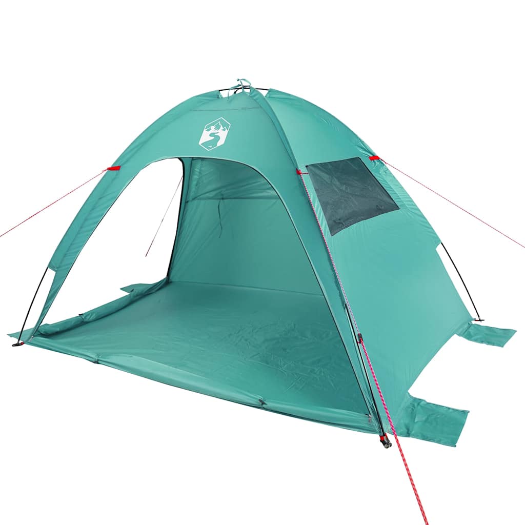 Detail van de zeegroene vidaXL strandtent met open ingang en ventilatierooster.
