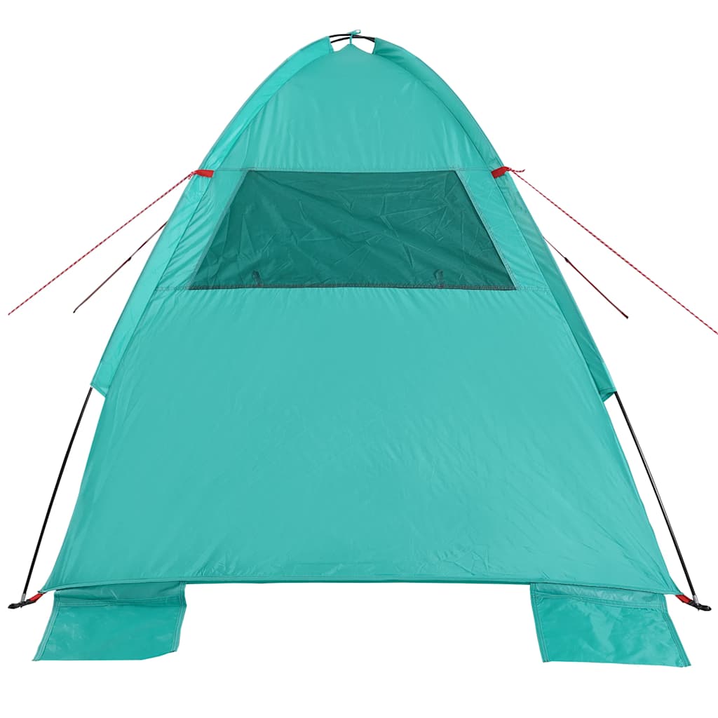 Detail van de zeegroene vidaXL strandtent met gaasvenster en stabiliteitslijnen.