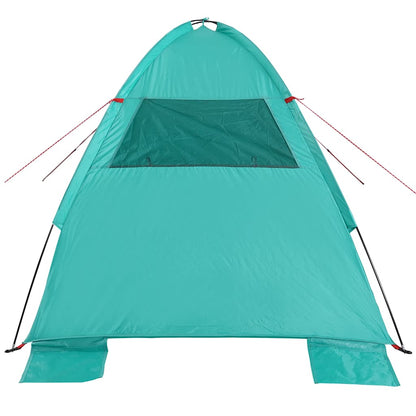 Detail van de zeegroene vidaXL strandtent met gaasvenster en stabiliteitslijnen.