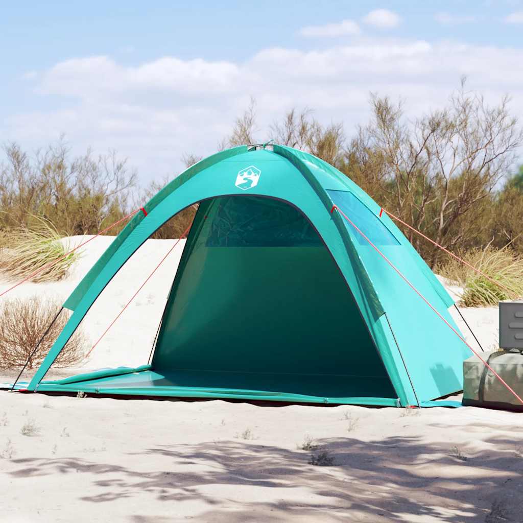 Zeegroen vidaXL strandtent met waterdichte stof en stabiliteitsvoorzieningen op het strand.