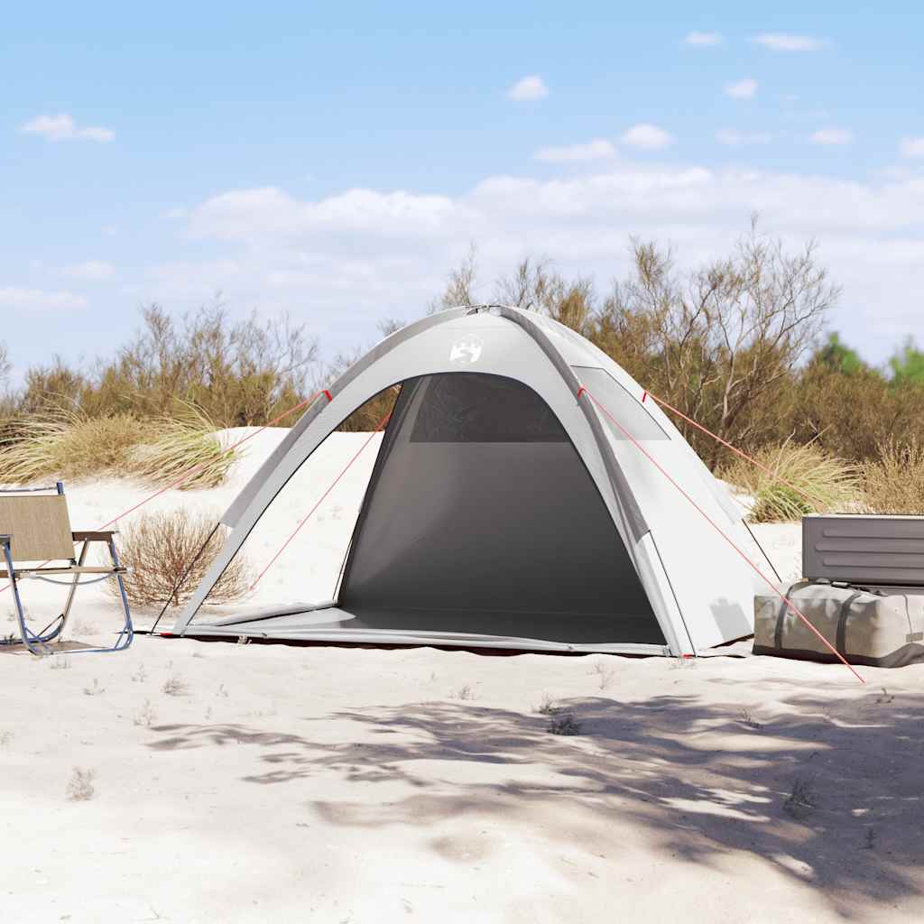Detail van de grijze vidaXL strandtent met open voorkant, geplaatst op het zand.