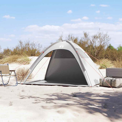 Detail van de grijze vidaXL strandtent met open voorkant, geplaatst op het zand.